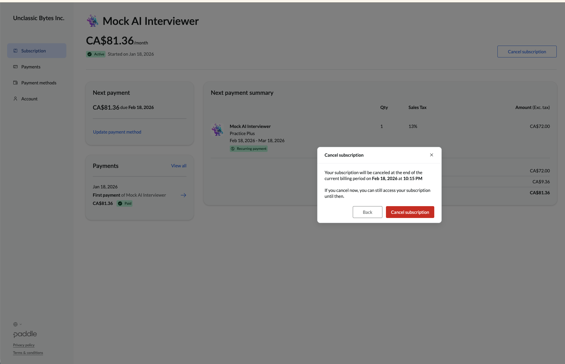 Example paddle customer portal cancel subscription