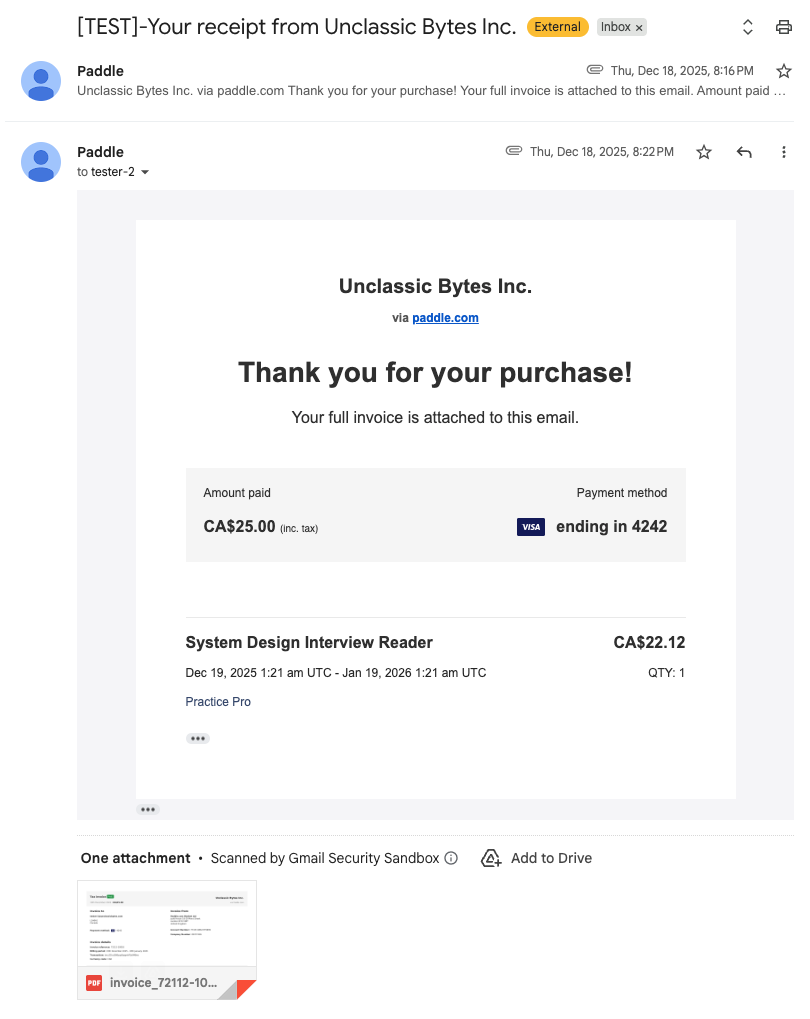 Example paddle email with invoice attached
