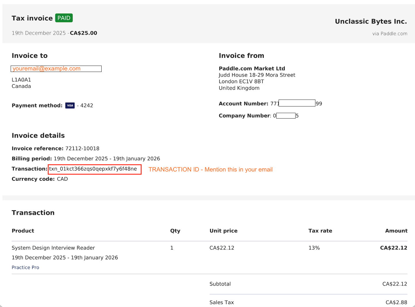 Example paddle invoice with transaction id