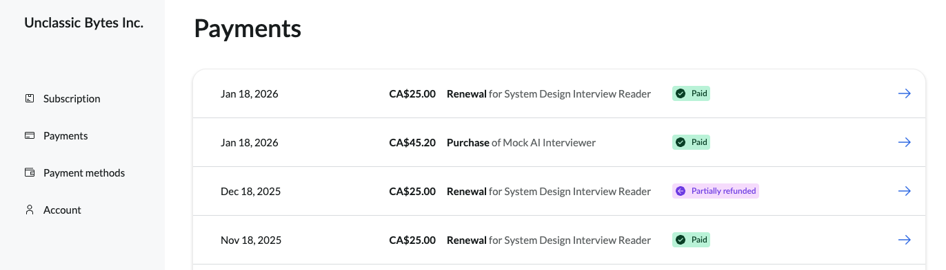 Example paddle customer portal homepage